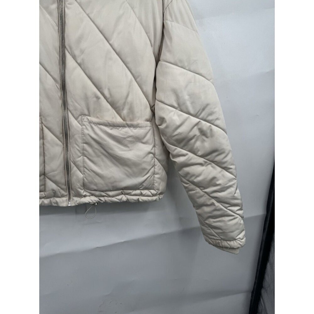 Zara Puffer Jacket Women Medium Beige Cropped Preppy Minimalist Full Zip - Picture 11 of 13